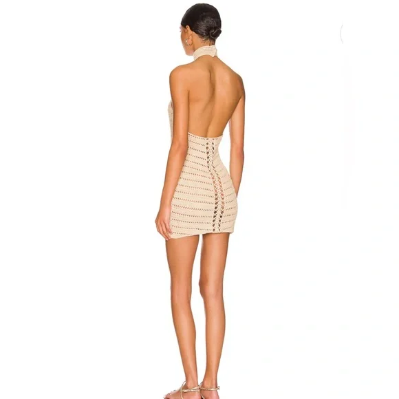 NWOT $218 Revolve Camila Coelho Lyssa Hand Crochet Halter Mini Dress in Sand Med - Picture 3 of 16